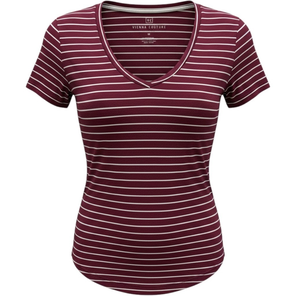 Vienna Couture Womens Burgundy White Striped V-Neck Short Sleeve Top Size M‎